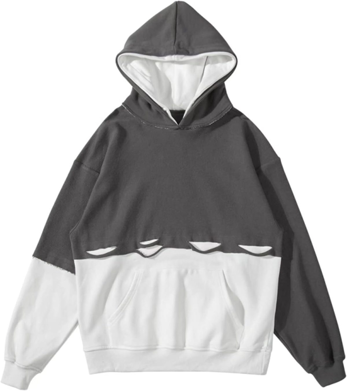 ⁦HLGLQZ Fake 2 Hoodies Double Hooded Hollow Out Stitching Pullover Sweatshirt Harajuku Vintage Pullover Oversize Sweater with Pocket⁩ - الصورة ⁦2⁩