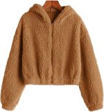 Houjiiloll Utility Jacket Women, Women Cropped Fleece Hooded Hoodies Zip-up Jacket，Fluffy Coat Winter Warm Fur Crop Top ，Short Plush Sweatshirt (Color : Brown, Size : X-Large)