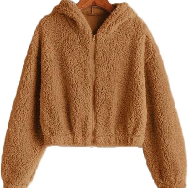 Houjiiloll Utility Jacket Women, Women Cropped Fleece Hooded Hoodies Zip-up Jacket，Fluffy Coat Winter Warm Fur Crop Top ，Short Plush Sweatshirt (Color : Brown, Size : X-Large)