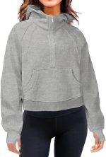LEEDYA Women's Half Zip Hoodie Long Sleeve Cropped Sweatshirt Fleece Lined Collar Pullover Sweater, Grey, X-Large