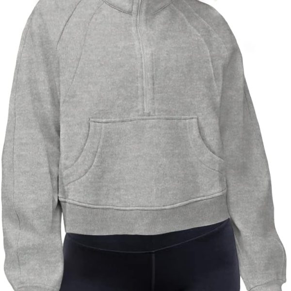 LEEDYA Women's Half Zip Hoodie Long Sleeve Cropped Sweatshirt Fleece Lined Collar Pullover Sweater, Grey, X-Large