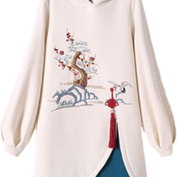 MAISHUSHU Chinese Style Hoodies Stitching Vestido Cheongsam Oversized Embroidery Sweatshirt Dress Spring Women Buckle Dresses (Colour6,Small)