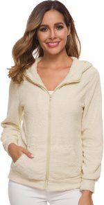 ⁦TOEE Women Sweatshirts Autumn Winter Warm Jacket Women Hooded Casual Female Hoodies Sweatershirt Zipper Coat Solid Soft Fleece Women Coat (Color : White, Size : XXXX-Large)⁩ - الصورة ⁦2⁩
