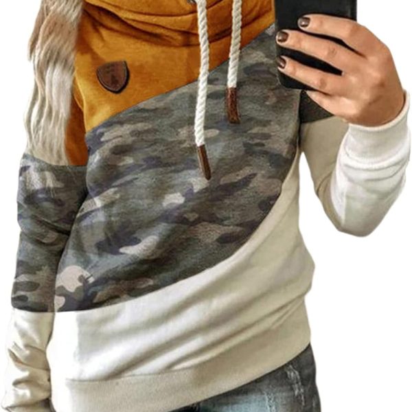 Womens Cowl Neck Pullover Hoodie Casual Color Block Long Sleeve Drawstring Sweatshirt Jumper Tunic Lightweight Fleece Tops S-5XL