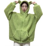 سترة نسائية من الفلانيل من Hot BODY بأكمام طويلة من الفرو الصناعي، سترة بغطاء للرأس بسحاب للأذنين سترة سترة صوفية كبيرة الحجم فضفاضة (اللون: أخضر، المقاس: M)