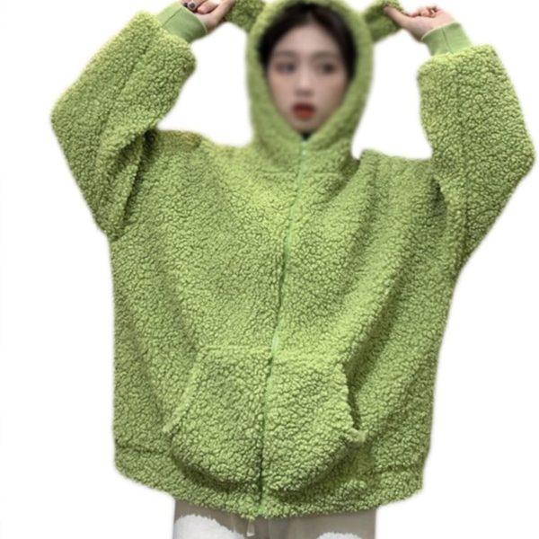 سترة نسائية من الفلانيل من Hot BODY بأكمام طويلة من الفرو الصناعي، سترة بغطاء للرأس بسحاب للأذنين سترة سترة صوفية كبيرة الحجم فضفاضة (اللون: أخضر، المقاس: M)