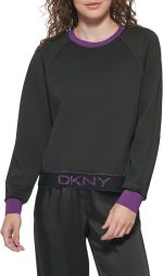 سويتر رياضي قصير للنساء مصمم بحاشية على شكل حزام خصر مزين بشعار العلامة التجارية دي كيه ان واي بلون مختلف