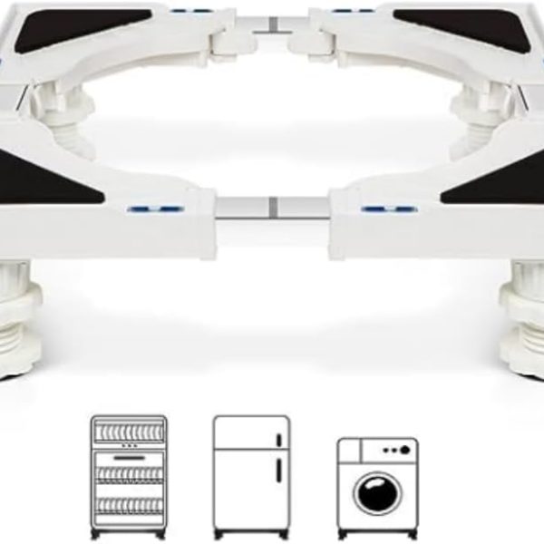 حامل ثلاجة صغير، حامل ثلاجة قابل للتعديل مع 4 اقدام قوية، قاعدة حامل اجهزة عالمية شديدة التحمل للغسالة والمجفف، قاعدة غسيل متعددة الوظائف (ابيض)