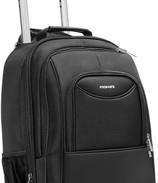 شنطة بعجلات للابتوب مقاس 16 انش من بروميت مقاومة للماء مع احزمة ظهر قابلة للتعديل جيوب تخزين كبيرة واسعة عجلات تزلج وسحابات محكمة واجهزة التابلت موديل Mogul-TR نايلون أسود