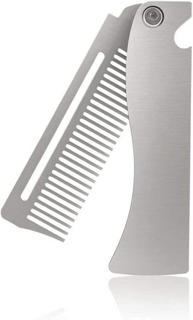 مشط لحية معدني قابل للطي، مشط جيب بأسنان دقيقة للعناية باللحية وتصفيف الشعر والشارب، مشط قلاب مدمج للرجال، فضي