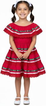 فستان مكسيكي تقليدي للبنات سينكو دي مايو فييستا من يونيك، مقاس 2-14، قطن