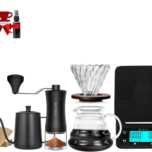 ام اي برو مجموعة ماكينة تحضير القهوة في 60 من 9 قطع بالتنقيط - مطحنة قهوة وخادم وكوب جرعات حبوب بخاخ وغلاية 600 مل وفلتر ومقياس وقمع تنقيط زجاجي