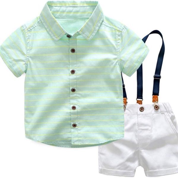 Handsome Boys Suit Striped Short-Sleeved Shirt + Gentleman Style Lace-up Shorts for Party or Birthday (Color : Green, Size : 140cm)