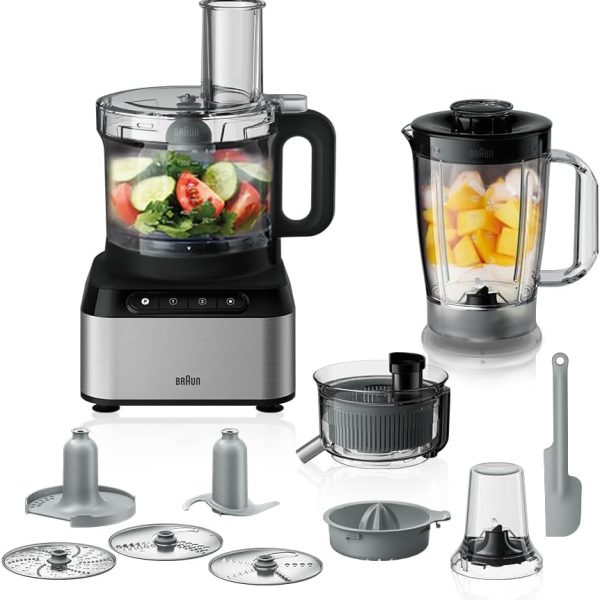 براون محضر طعام 12 في 1 ، 800 واط سرعتان وظيفة النبض سعة الوعاء 2.1 لتر خلاط 1.2 قرص التقطيع والبشر عصارة حمضيات عجانه EP325SI فضي