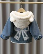 ⁦جيمي جاكيت جينز للبنات، معطف شتوي بغطاء للرأس مع بطانة من الصوف الصناعي للاطفال الصغار بتصميم سميك مزين بالترتر⁩ - الصورة ⁦3⁩