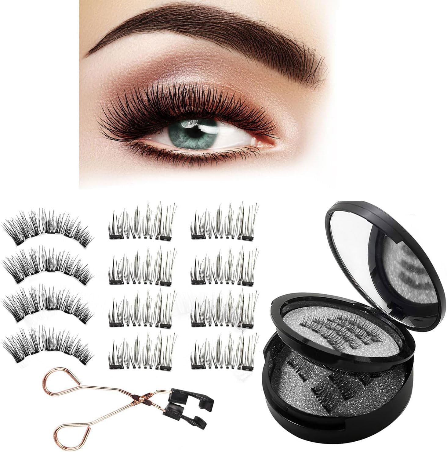 71-9KLBosTL._AC_SL1500_.jpg رموش مغناطيسية بدون قلم تحديد عيون من الميكاكوز، 6 ازواج من الرموش المغناطيسية القابلة لاعادة الاستخدام بطبقتين بمظهر طبيعي، مجموعة رموش صناعية ثلاثية الابعاد بدون صمغ مع ملاقط تطبيق، رموش صناعية