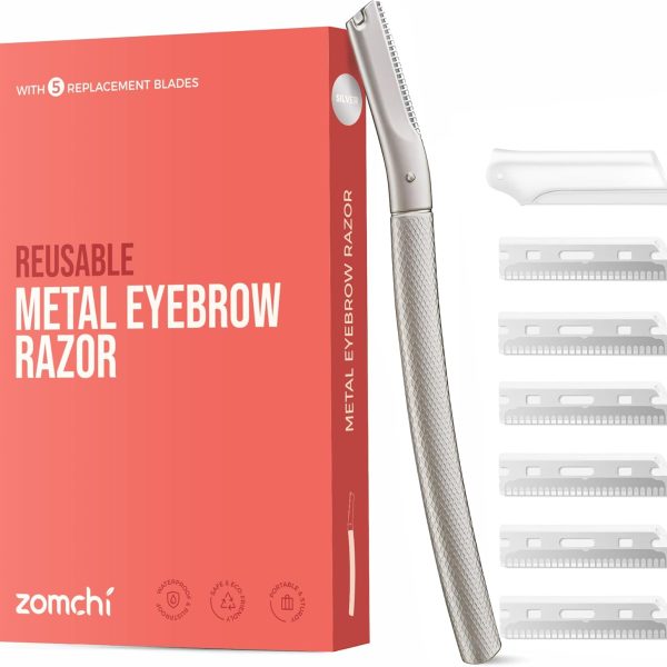 ماكينة حلاقة الحواجب وشعر الوجه للنساء والرجال مزودة بغطاء دقيق، لتشذيب وتشكيل الحواجب، مع 6 شفرات (فضي)