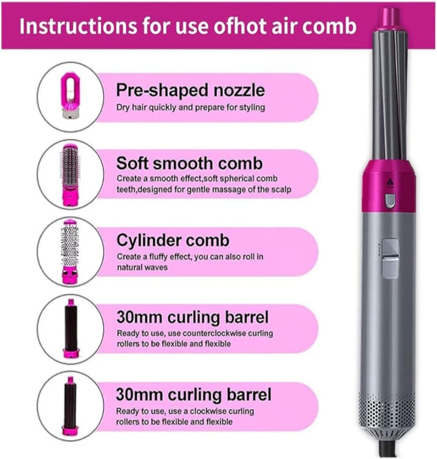 713oMfcx2TL._AC_SL1500_.jpg أداة تصفيف وتجفيف الشعر 5 في 1، مزودة بمكواة فرد وفرشاة تجعيد ومشط مع 5 رؤوس قابلة للتبديل، لتجفيف الشعر بسرعة وتنعيمه وتجعيده وفرده للنساء - الصورة 3