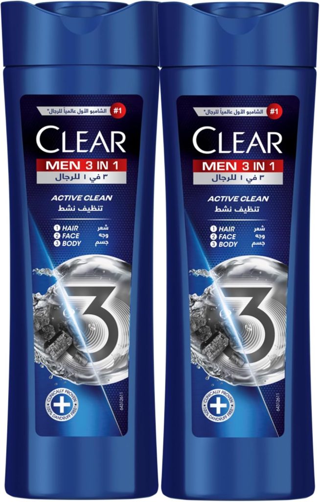 شامبو العناية الكاملة 3 في 1 للرجال من كلير للشعر والوجه والجسم بالفحم المنشط لشعر خال القشرة بنسبة 100% لترطيب البشرة 400 مل عبوة قطعتين