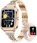 ⁦ساعة ذكية من اتش اكس كيو اس تي بي جي الرد / اجراء المكالمات 1.57 انش للنساء مقاومة للماء بتصنيف IP67 ومينا ماسي لتتبع اللياقة البدنية ومعدل ضربات القلب ومراقبة النوم وعداد الخطوات، ذهبي وردي⁩ - الصورة ⁦8⁩