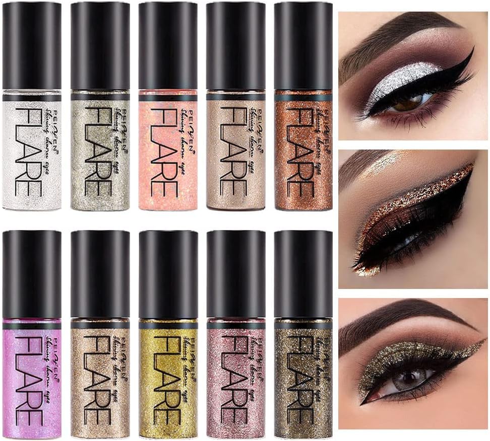 71ah80dJGL._AC_SL1000_.jpg مجموعة ظلال عيون سائلة لامعة مقاومة للماء مكونة من 10 قطع، مجموعة اقلام تحديد عيون ذهبية تدوم طويلا، مكياج ظلال عيون لامع للعيون، سومبرا دي بارا اوجوس
