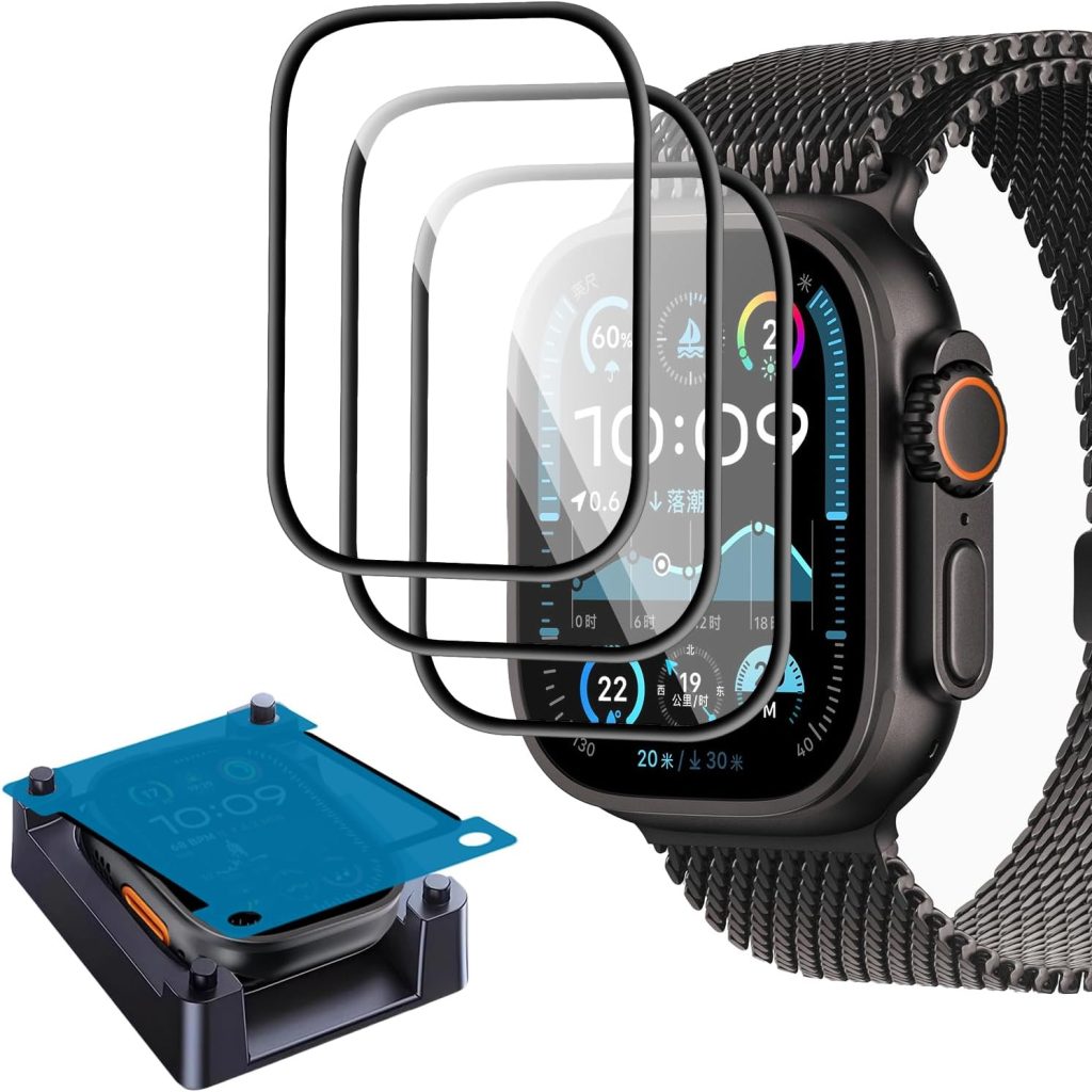 【عبوة من 3 قطع】 شاشة حماية تي تيرسيلي لساعة ابل الترا 2/1 49 ملم 2024 2023 2022 مع مجموعة محاذاة غشاء منحني فائق الوضوح البولي ميثيل أسود