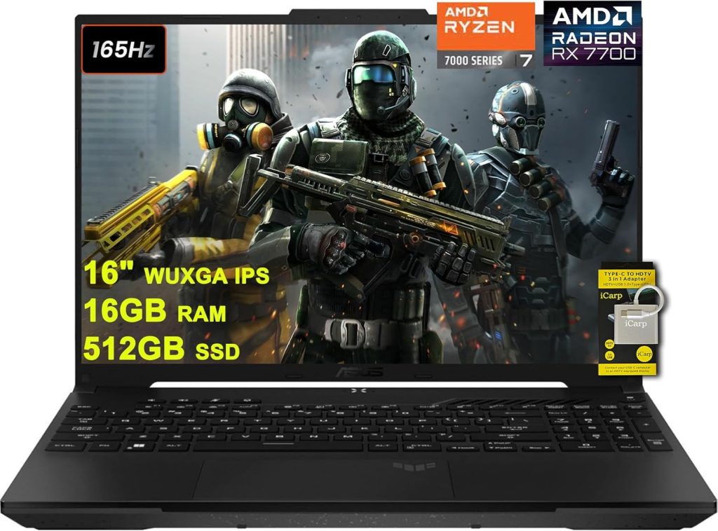 اسس لابتوب العاب تي يو اف A16 16 انش WUXGA 165Hz 100% sRGB AMD ثماني النواة رايزن 7 7735HS 16GB RAM 512GB SSD راديون RX 7700S 8GB (>RTX4060) اضاءة خلفية USB4 شحن سريع الغاء الضوضاء AI ويندوز 11 مع