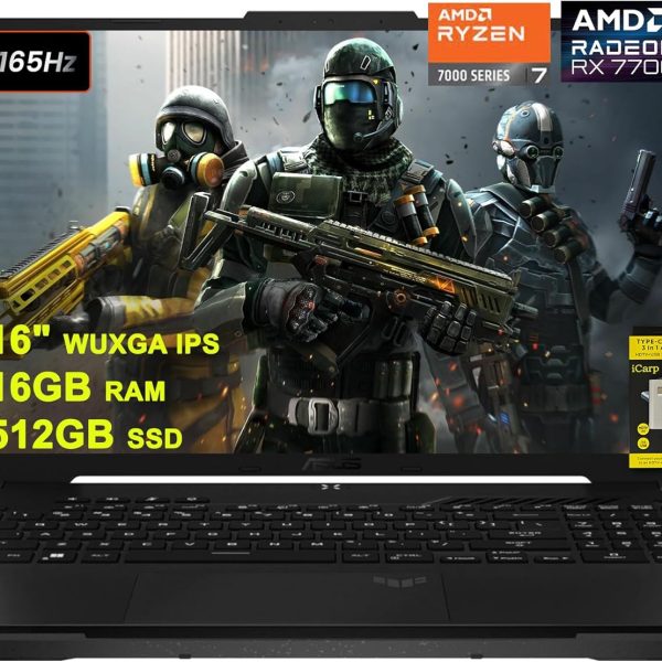 اسس لابتوب العاب تي يو اف A16 16 انش WUXGA 165Hz 100% sRGB AMD ثماني النواة رايزن 7 7735HS 16GB RAM 512GB SSD راديون RX 7700S 8GB (>RTX4060) اضاءة خلفية USB4 شحن سريع الغاء الضوضاء AI ويندوز 11 مع