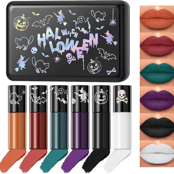 احمر شفاه غير لامع من 6 الوان، ملمع شفاه قوطي مقاوم للماء، احمر شفاه مخملي بلون اخضر وارجواني واحمر للحفلات التنكرية والازياء التنكرية ومكياج الهالوين