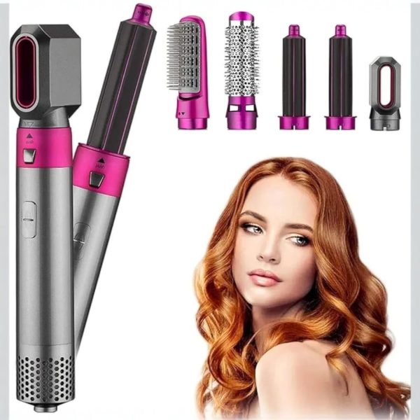 أداة تصفيف وتجفيف الشعر 5 في 1، مزودة بمكواة فرد وفرشاة تجعيد ومشط مع 5 رؤوس قابلة للتبديل، لتجفيف الشعر بسرعة وتنعيمه وتجعيده وفرده للنساء