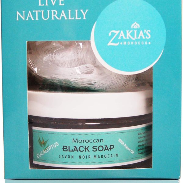 صابون اسود مغربي 8 اونصة - رائحة الاوكالبتوس المنشطة مع زيت الارجان المضاف بالإضافة إلى قفاز تقشير كيسا