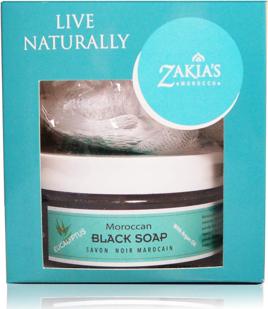 صابون اسود مغربي 8 اونصة - رائحة الاوكالبتوس المنشطة مع زيت الارجان المضاف بالإضافة إلى قفاز تقشير كيسا