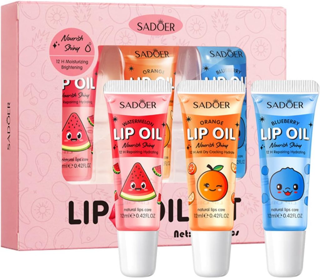 مجموعة ملمع شفاه من 3 الوان، ملمع شفاه بنكهة الفاكهة يدوم طويلا، ملمع شفاه مرطب للمراهقين والاطفال، ملمع شفاه شفاف عالي اللمعان للنساء والفتيات