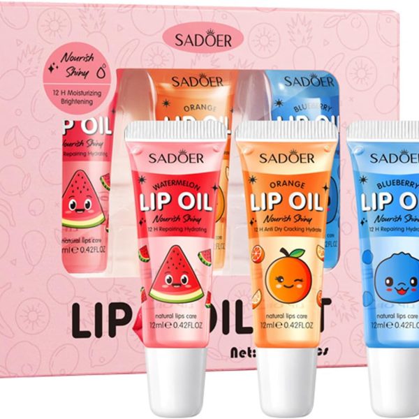 مجموعة ملمع شفاه من 3 الوان، ملمع شفاه بنكهة الفاكهة يدوم طويلا، ملمع شفاه مرطب للمراهقين والاطفال، ملمع شفاه شفاف عالي اللمعان للنساء والفتيات