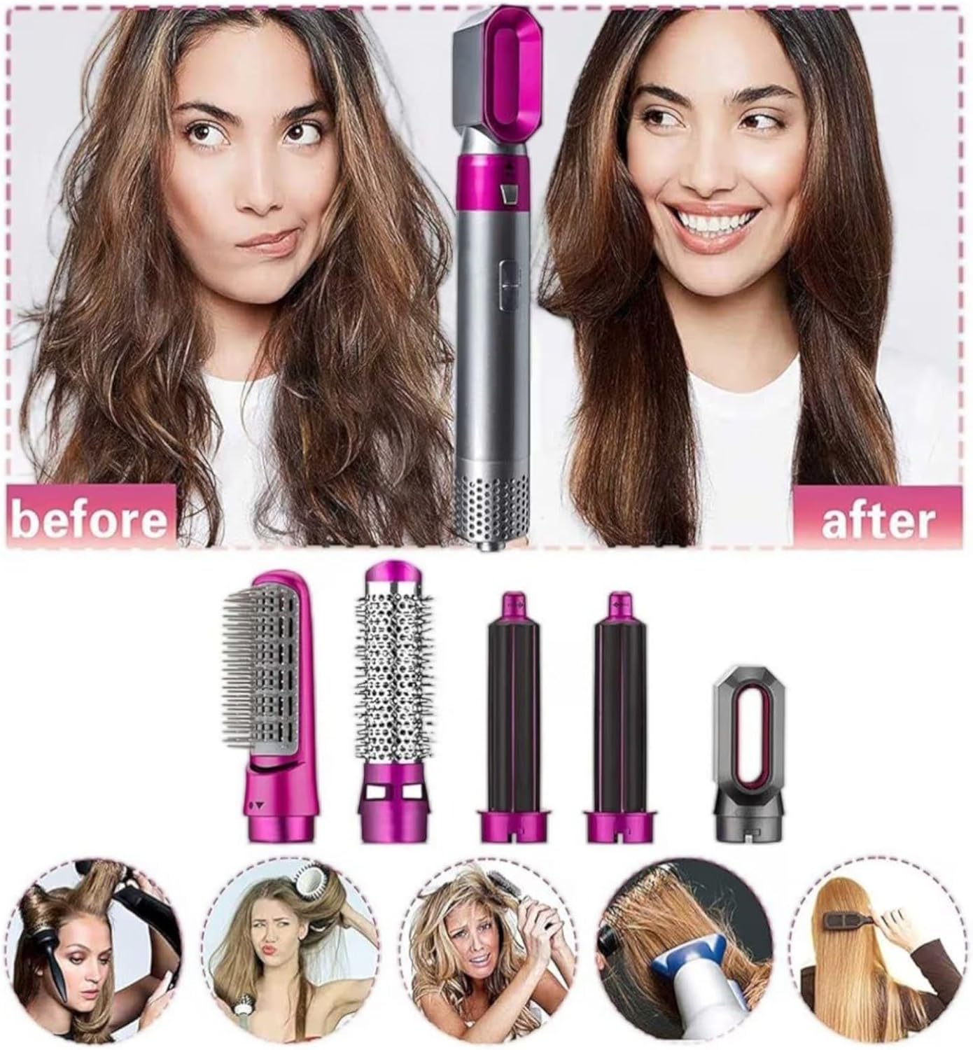 71qoi9vz7CL._AC_SL1500_.jpg أداة تصفيف وتجفيف الشعر 5 في 1، مزودة بمكواة فرد وفرشاة تجعيد ومشط مع 5 رؤوس قابلة للتبديل، لتجفيف الشعر بسرعة وتنعيمه وتجعيده وفرده للنساء - الصورة 5