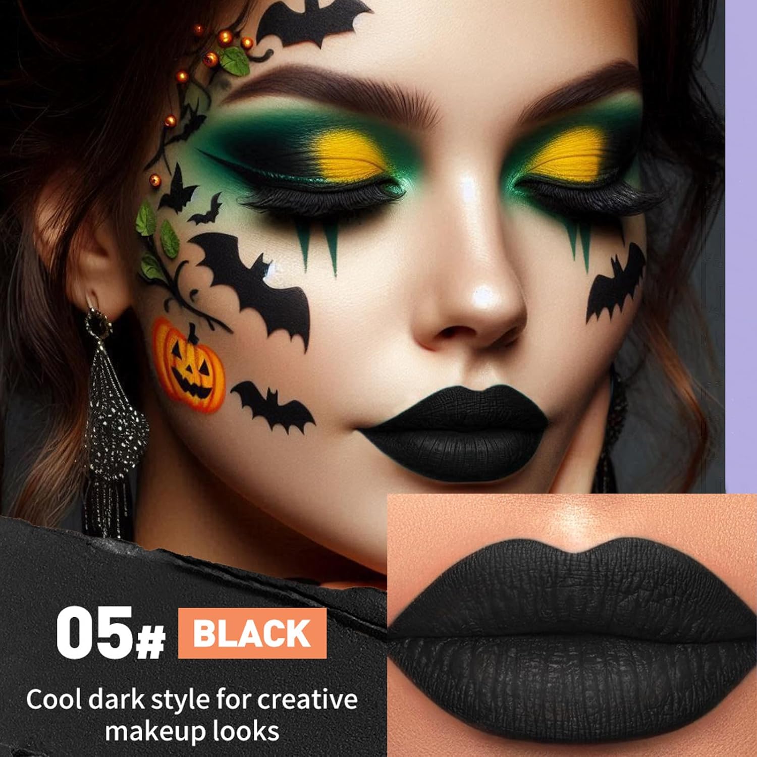 71yCnA3FIWL._AC_SL1500_.jpg احمر شفاه غير لامع من 6 الوان، ملمع شفاه قوطي مقاوم للماء، احمر شفاه مخملي بلون اخضر وارجواني واحمر للحفلات التنكرية والازياء التنكرية ومكياج الهالوين - الصورة 5