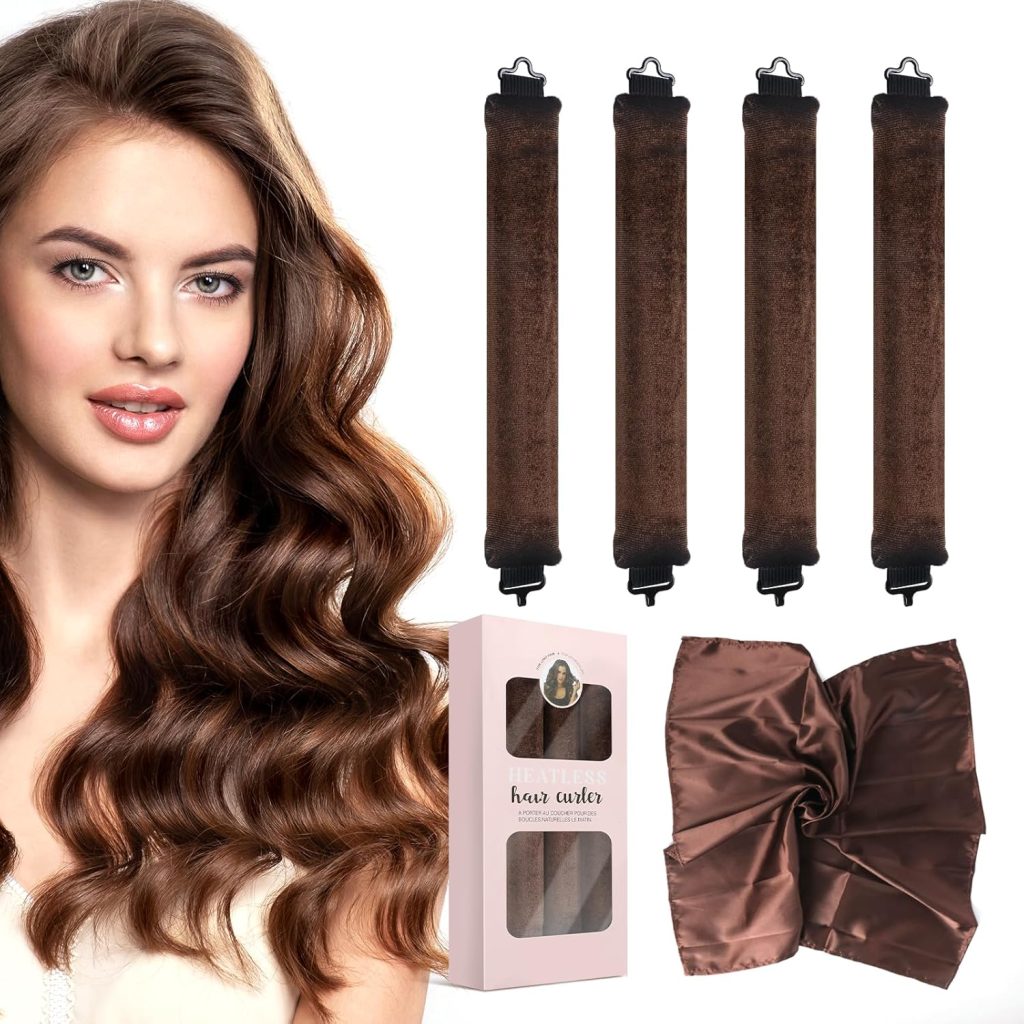 بايشن مجموعة ادوات تجعيد الشعر بدون حرارة مكونة من 4 قطع، قضبان تمويج من الساتان لتجعيد الشعر بدون حرارة لتجعيد الشعر الناعم طوال الليل مع بكرات تجعيد مخملية ووشاح حريري لتصفيف الشعر للنساء والفتيات