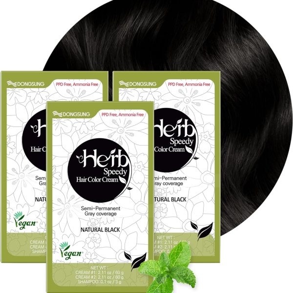 صبغة شعر نباتية، خالية من مادة البولي بروبيلين دايمين وخالية من الامونيا، توفر حماية من الشمس وعديمة الرائحة، لا مزيد من التهيج لعينيك أو فروة رأسك، أسود طبيعي، 3 قطع