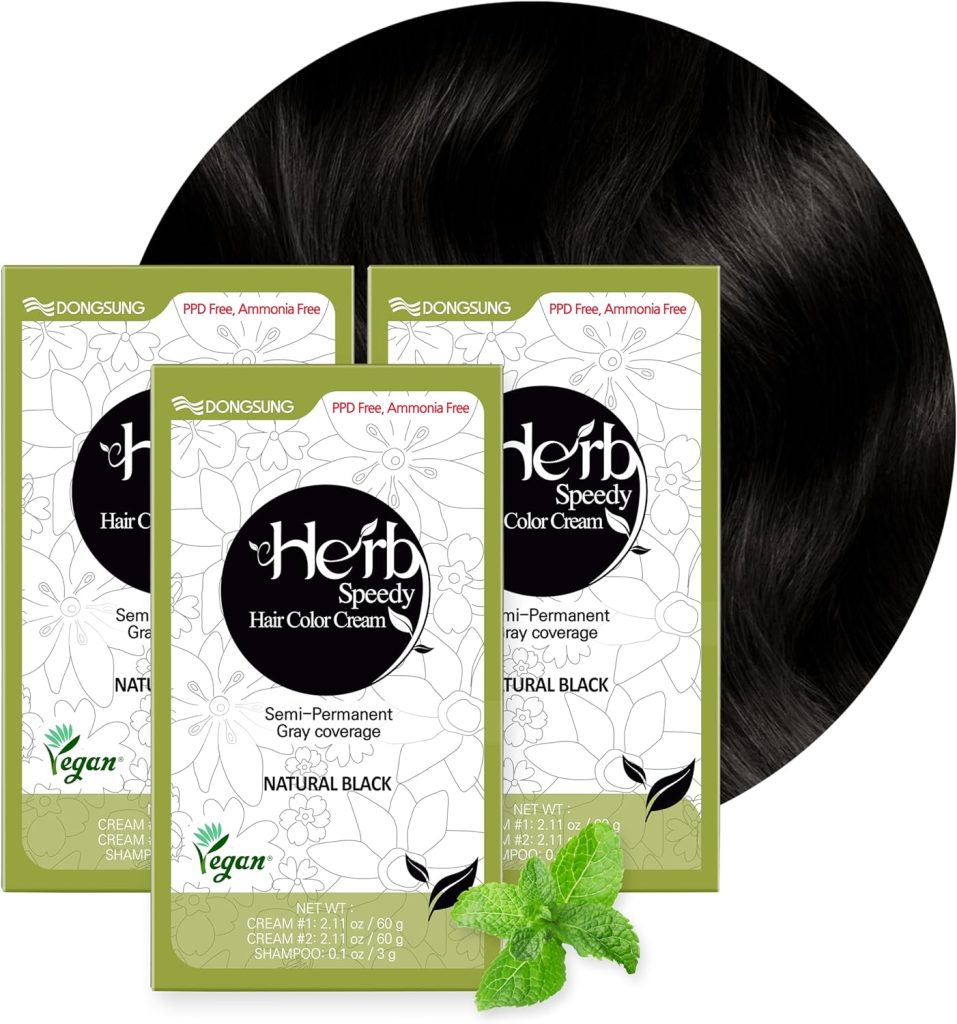 صبغة شعر نباتية، خالية من مادة البولي بروبيلين دايمين وخالية من الامونيا، توفر حماية من الشمس وعديمة الرائحة، لا مزيد من التهيج لعينيك أو فروة رأسك، أسود طبيعي، 3 قطع