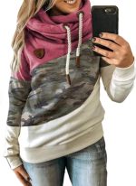Womens Cowl Neck Pullover Hoodie Casual Color Block Long Sleeve Drawstring Sweatshirt Jumper Tunic Lightweight Fleece Tops S-5XL