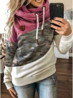 ⁦Womens Cowl Neck Pullover Hoodie Casual Color Block Long Sleeve Drawstring Sweatshirt Jumper Tunic Lightweight Fleece Tops S-5XL⁩ - الصورة ⁦2⁩