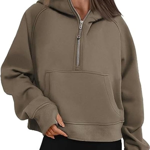 سويت شيرت نسائي عصري قصير من الصوف للخريف والشتاء، بلوفر فضفاض بنصف سحاب بلون بني مقاس XXL