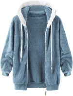 معطف TOEE النسائي معاطف بقلنسوة، سويت شيرت خريفي للملابس الشارعية النسائية كاجوال سترات فضفاضة، صوف بسحاب أبلى بأكمام طويلة للنساء (اللون: أزرق، المقاس: XL)