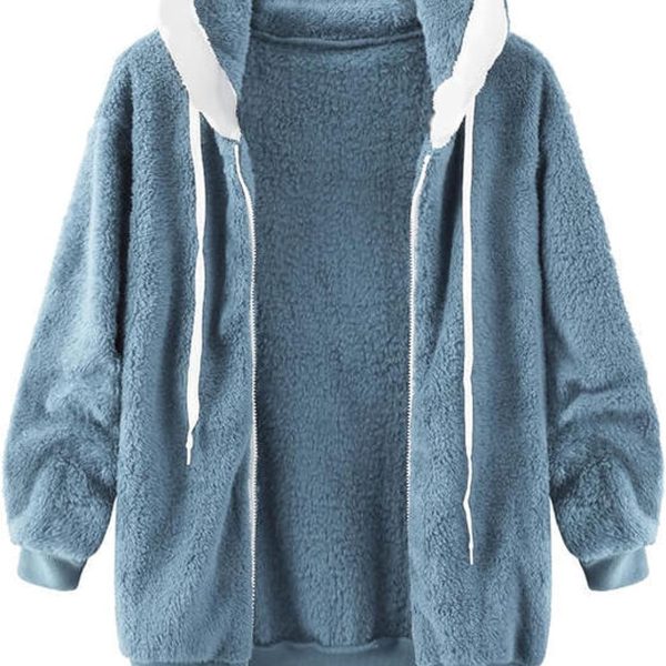 معطف TOEE النسائي معاطف بقلنسوة، سويت شيرت خريفي للملابس الشارعية النسائية كاجوال سترات فضفاضة، صوف بسحاب أبلى بأكمام طويلة للنساء (اللون: أزرق، المقاس: XL)
